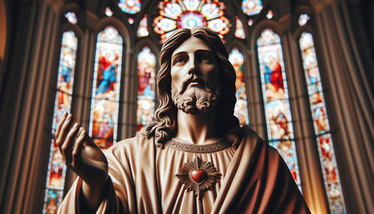 Naklejka premium Jesus Christ. Statue of Jesus in a church, stained glass in background