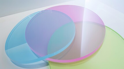Naklejka premium The main image is of two circular glass panels overlapping one-third of each other, one circular in blue-pink and one circular in lime green, the two panels are stacked on a white background in the st