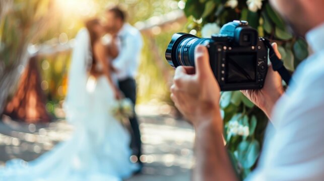 A photographer captures a wedding couple sharing a kiss, highlighting the art of wedding photography and love's beauty.