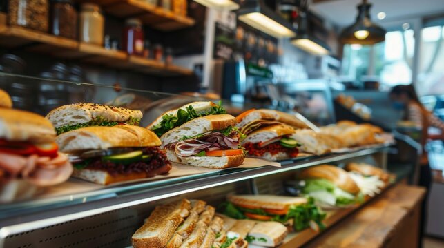A sandwich shop counter displaying a variety of freshly made sandwiches ready to order - Powered by Adobe
