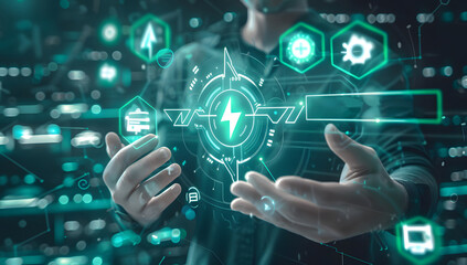 Green energy concept. A person holds a virtual screen of the green energy icon for renewable energy. Sustainability development and global green business concept design