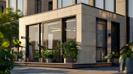 Minimalist front design of an urban micro-apartment with a compact layout, large windows, and a small balcony with potted plants.