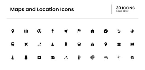 Maps and Location icon set. map, location, vector, navigation, illustration, point, pin, road, direction, gps, icon, marker. Vector solid icon illustration