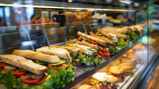 A sandwich shop counter displaying a variety of freshly made sandwiches ready to order