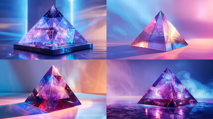 Stunning Pyramid Sculpture in Purple and Blue Plastic and Glass - Front View, Professional Lighting, Product Photography