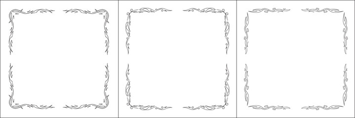 Set of three thin vector decorative frames. Black and white. Vector frame for all sizes and formats. Isolated vector illustration.	