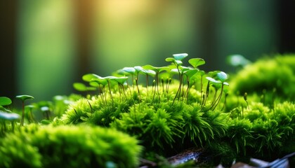 Macro close-up of mysterious green mosses that grow on moist forest floor, showing a microcosm of the forest