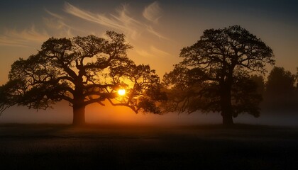 Naklejka premium Photo of ceremonial old oak trees against a foggy dawn background. The antiquity of the trees, the mystical aura, the warm morning light.