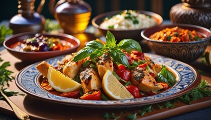A close-up of a tasty plate of Mediterranean food. Fresh ingredients, colorful dishes, appetizing presentation.