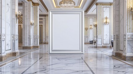 Modern minimalist empty canvas in an elegant hotel lobby with marble floors and grand chandeliers, silver frame, great for luxury-themed ad mockups.