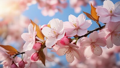 Obraz premium A close-up photo of cherry blossom petals against a blue sky. Delicate pink petals, contrast with the sky, spring light.
