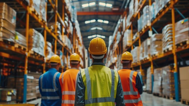 group of warehouse workers conducting daily toolbox talk meeting focused on safety and housekeeping before starting work in the morning – industrial factory setting with team collaboration emphasizing