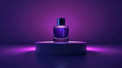 A perfume on a dark violet background with bright glow behind.