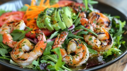 A seafood salad with mixed greens, grilled shrimp, avocado, and citrus dressing