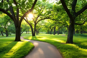 Fototapeta premium Serene park pathway in lush green landscape with sunlight filtering through tall trees