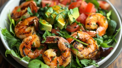 Fototapeta premium A seafood salad with mixed greens, grilled shrimp, avocado, and citrus dressing