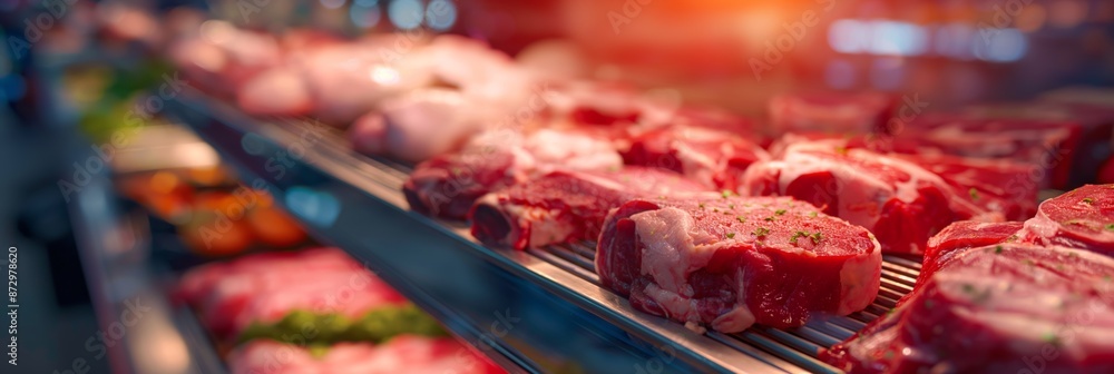 Poster a display of meat in a store. the meat is fresh and ready to be purchased. the display is organized 