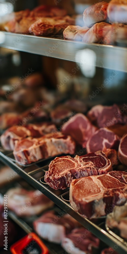 Poster a display of meat in a butcher shop. the meat is cut into various shapes and sizes, including steaks