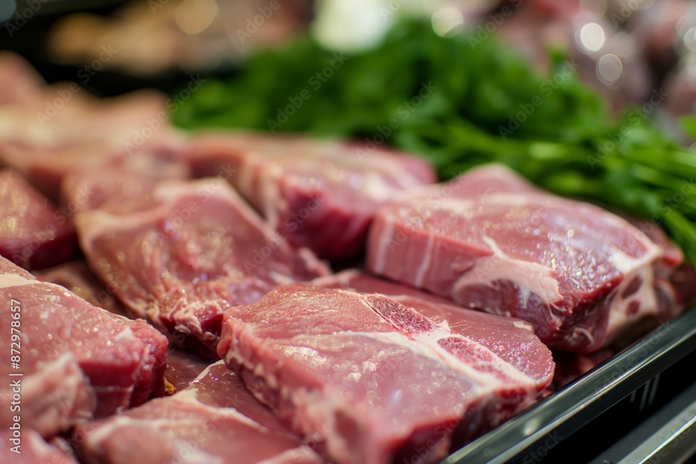 Poster a tray of meat with a bunch of green herbs on top. the meat is cut into small pieces and arranged in
