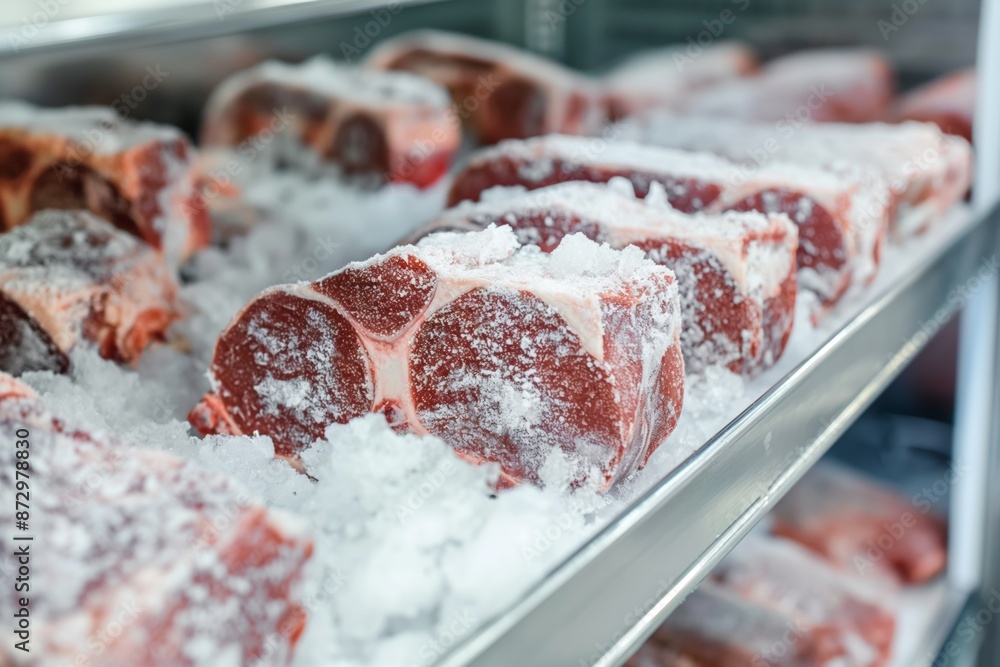 Poster a display of meat with ice on it. the meat is frozen and has a white covering. the display is organi