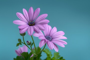 Close-up of two vibrant purple daisies against a soft turquoise background