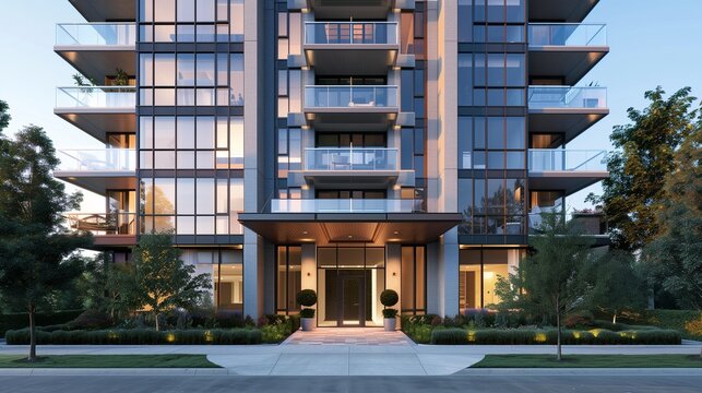 Sleek front design of a high-rise apartment building with a glass facade, modern balconies, and a small landscaped entryway. - Powered by Adobe