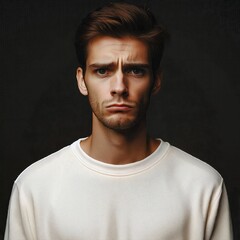 Obraz premium Dissatisfied man. Close up. Unhappy and disappointed. Unexpected negative news. Negatively shocked. Oh no. Bad service. Plain background. Advertisement. Poor contract terms. overpriced. Generative AI