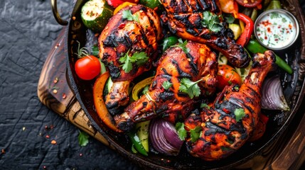 Fototapeta premium A sizzling platter of tandoori chicken marinated in yogurt and spices, served with grilled vegetables