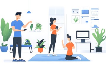 Young professionals collaborating in modern office with technology, indoor plants, and vibrant decor