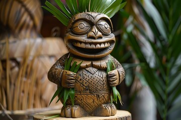 Wooden Tiki statue with green palm leaves in background. Traditional Polynesian art. Cultural heritage and decor concept for design and print.