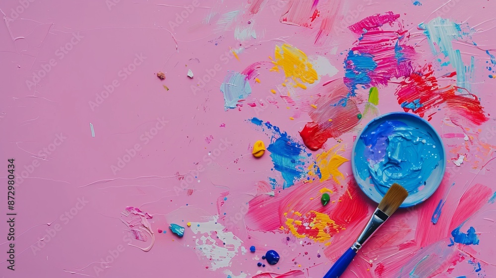 Poster vibrant paint splashes on a pink canvas with a brush and palette. abstract art background with color