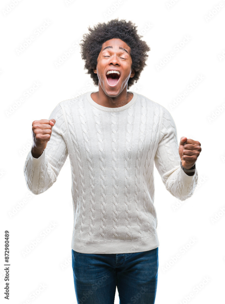 Sticker afro american man over isolated background celebrating mad and crazy for success with arms raised an