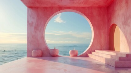 Fototapeta premium Pink Minimalist Architecture with Ocean View