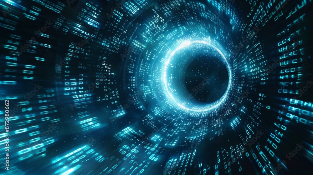 Poster blue sci-fi tunnel with digital symbols abstract 3d rendering