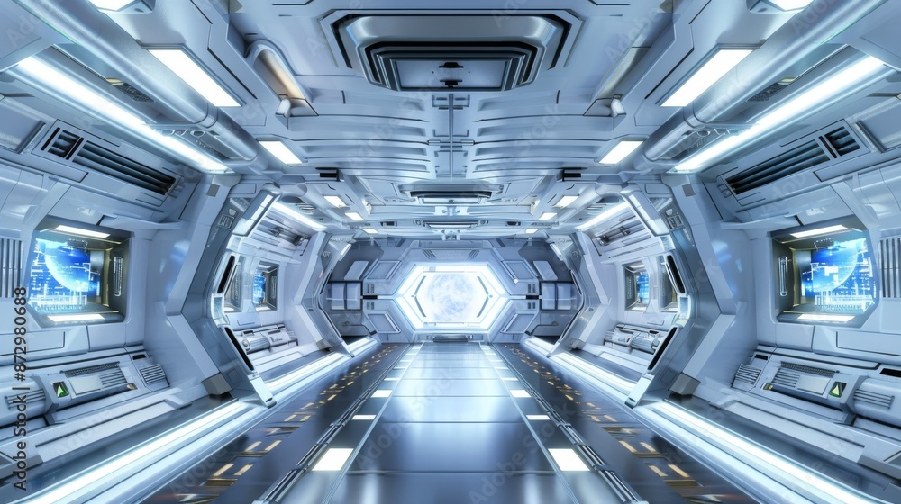 Poster future spaceship interior with window view. 3d rendering