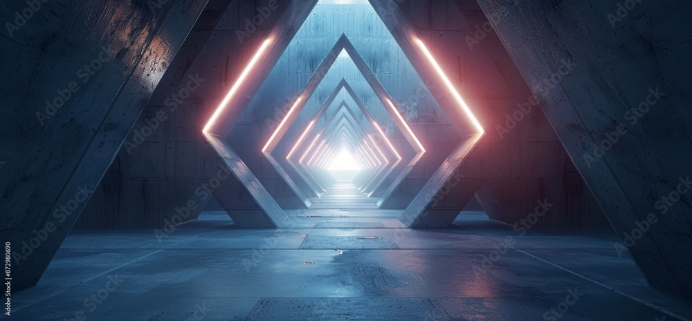 Aufkleber 3d rendering of an empty long light polished concrete sci-fi futuristic tunnel corridor