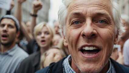 A passionate elderly man with white hair, shouting during a public protest, surrounded by a diverse crowd in an urban setting.