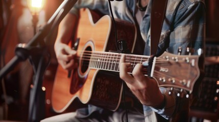 Obraz premium A singer-songwriter recording acoustic guitar and vocals with a microphone in a home studio