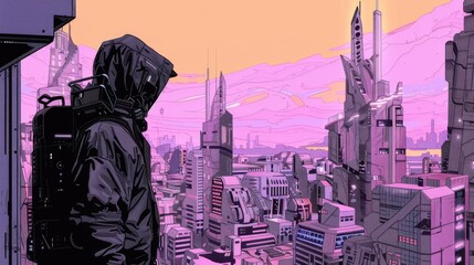 Imaginative skyscrapers and travelers set in a cyberpunk landscape