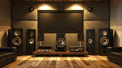 Obraz premium A speaker system in a home theater setup, with surround sound speakers positioned around the room