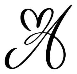 Script capital font logo calligraphy love letter A. Hand drawn vector brush style flourish. Vintage heart monogram. Valentine flourish element. Sign for page decoration design illustration, wedding