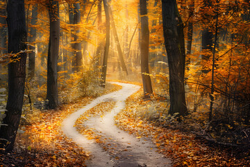Obraz premium A serene landscape with a winding path through a vibrant forest during autumn, with golden leaves and soft sunlight filtering through the trees. 