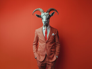 Surreal Editorial Portrait of a Businessman with Goat Head Against Vibrant Red Background