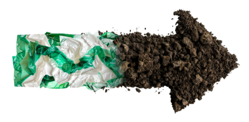biodegradable compostable recyclable packaging material icon logo infographic isolated on transparent background. arrow symbol made of soil and  plastic bag, eco friendly plant based plastic concept