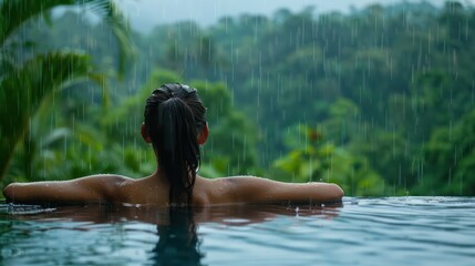 Fototapeta premium Happy woman enjoying the warm tropical rain falling on her while swimming in the infinity pool overlooking the forest.