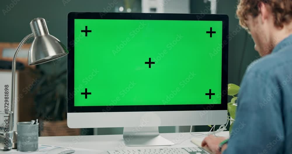 Aufkleber Office, green screen and business man with notebook, planning and checking for info on page. Back, software developer and monitor for application development, website and look for solution in diary