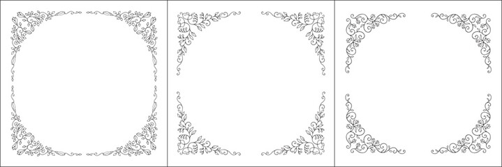 Set of three round vegetal vector frames with flowers and leaves. Black and white. Vector frame for all sizes and formats. Isolated vector illustration.	