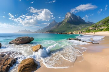 Scenic beach with clear turquoise waters and mountain backdrop under a bright blue sky