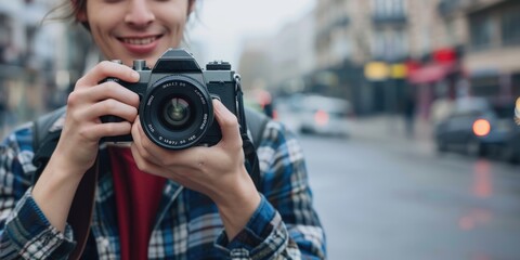 woman using camera in street . ai generated