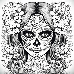 Coloring for Adult for Day of the Dead. Mexican festival. Black and White Coloring Pages with Skull and Flowers. Dia de los Muertos.